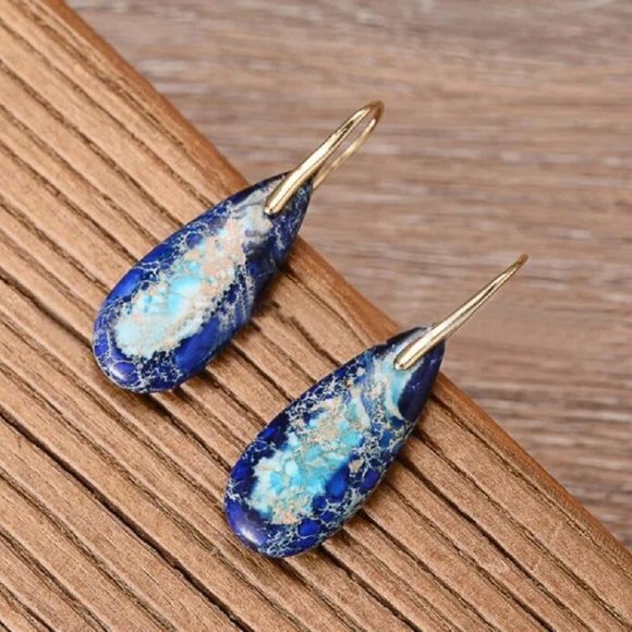 Natural Blue Imperial Jasper Teardrop Dangle Earrings Gemstone Drop Earrings - Picture 1 of 2